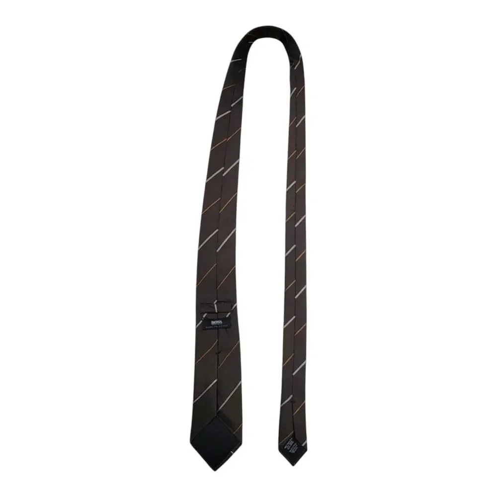 BOSS Hugo Boss Mens Tie Brown White Gold Striped Silk Made in Italy